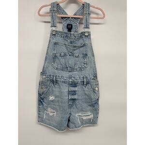 Gap Girls Denim Distressed Overall Shorts L (10-11) 100% Cotton Sleeveless